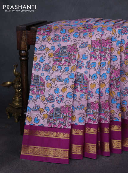 Silk cotton saree lavender and purple with allover kalamakri prints and zari woven korvai border