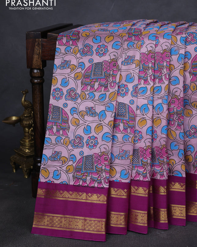 Silk cotton saree lavender and purple with allover kalamakri prints and zari woven korvai border