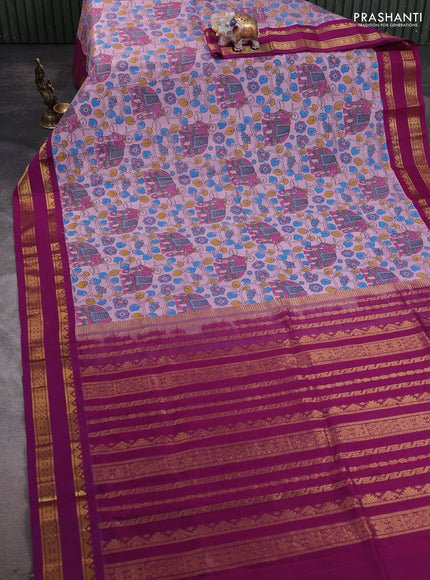 Silk cotton saree lavender and purple with allover kalamakri prints and zari woven korvai border