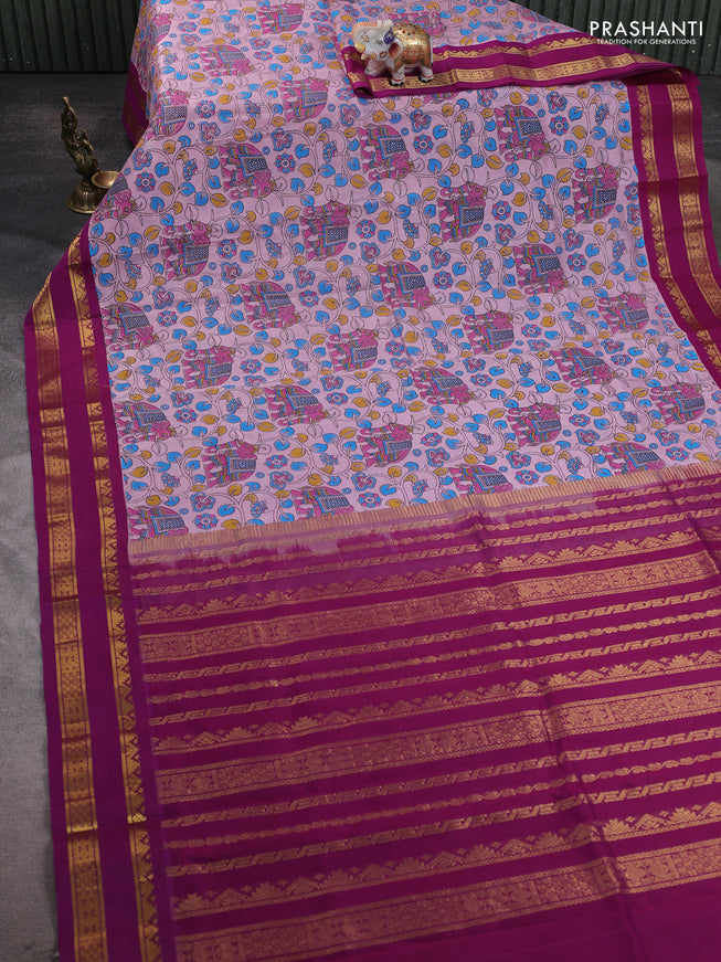 Silk cotton saree lavender and purple with allover kalamakri prints and zari woven korvai border