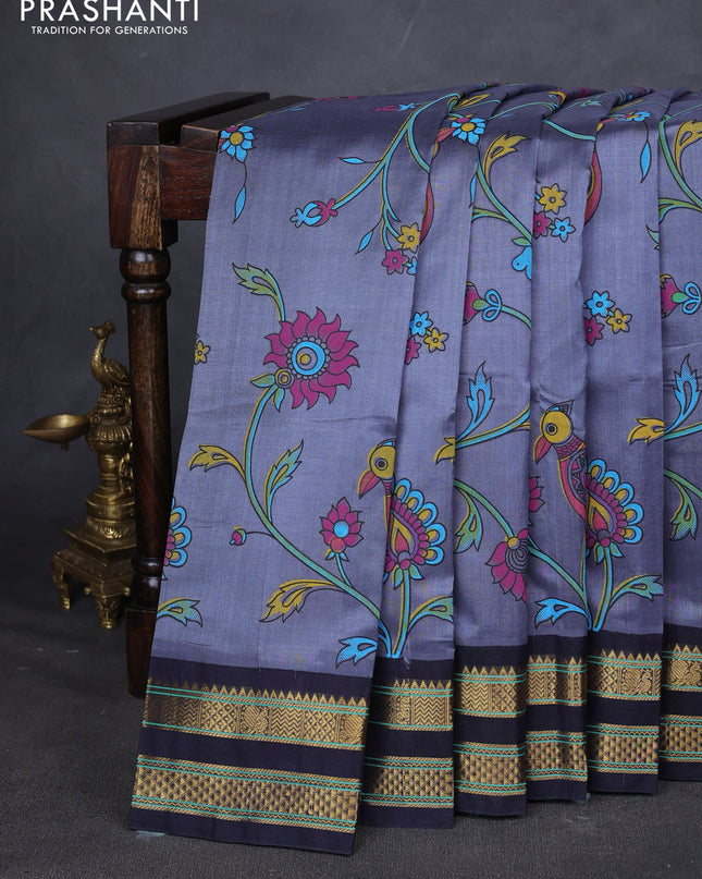 Silk cotton saree grey with allover kalamakri prints and zari woven korvai border