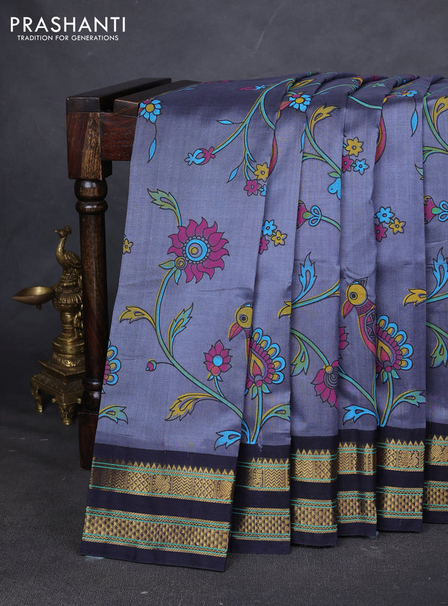 Silk cotton saree grey with allover kalamakri prints and zari woven korvai border