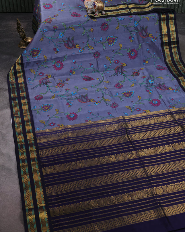 Silk cotton saree grey with allover kalamakri prints and zari woven korvai border