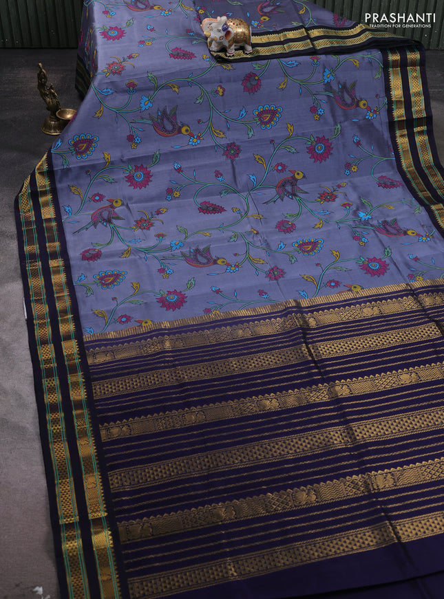Silk cotton saree grey with allover kalamakri prints and zari woven korvai border