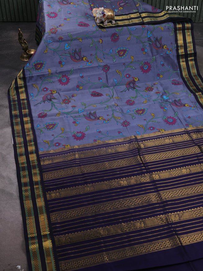 Silk cotton saree grey with allover kalamakri prints and zari woven korvai border
