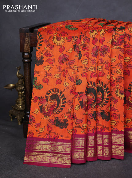 Silk cotton saree orange and dark pink with allover kalamakri prints and zari woven korvai border