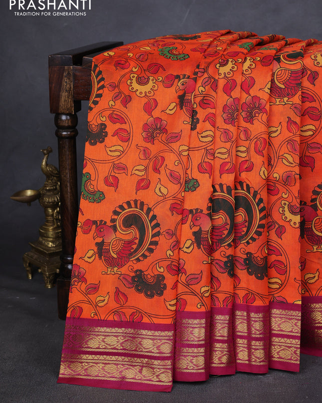 Silk cotton saree orange and dark pink with allover kalamakri prints and zari woven korvai border