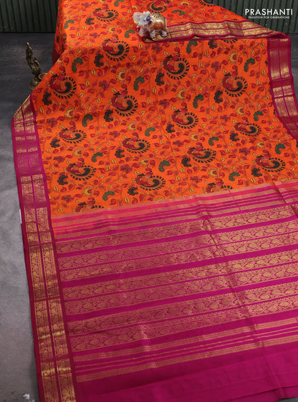 Silk cotton saree orange and dark pink with allover kalamakri prints and zari woven korvai border