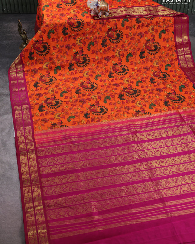 Silk cotton saree orange and dark pink with allover kalamakri prints and zari woven korvai border