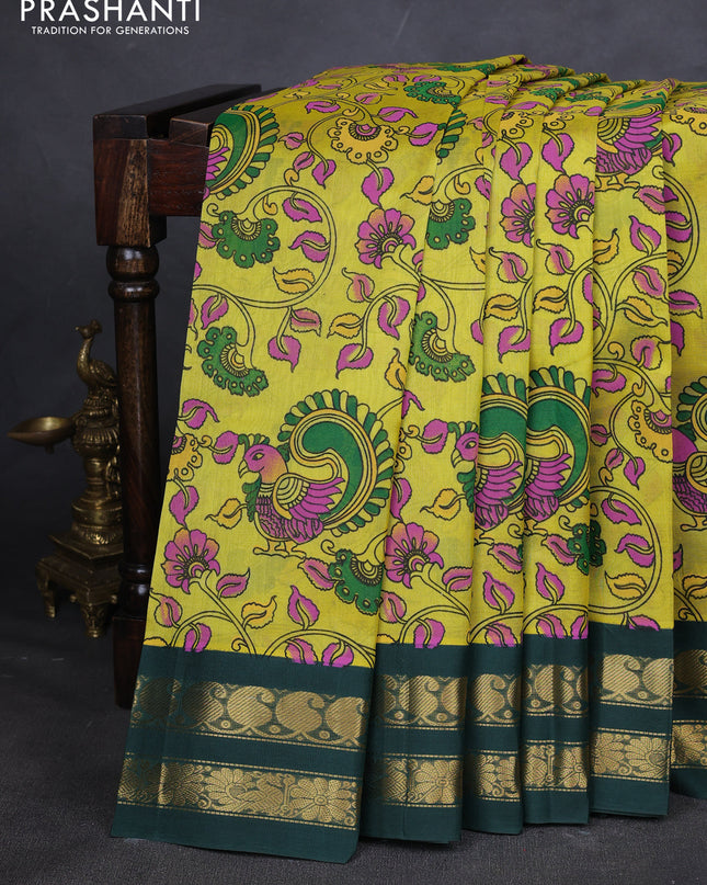 Silk cotton saree lime yellow and dark green with allover kalamakri prints and zari woven korvai border