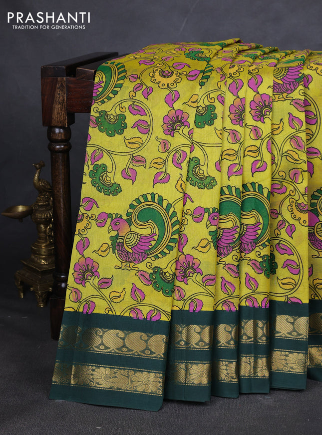 Silk cotton saree lime yellow and dark green with allover kalamakri prints and zari woven korvai border