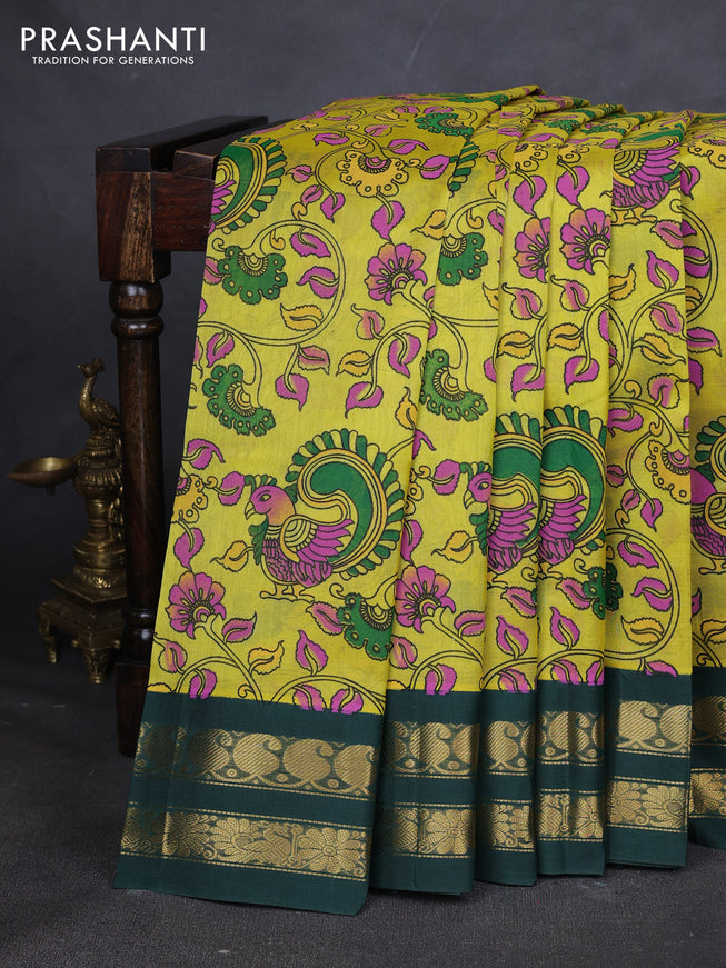 Silk cotton saree lime yellow and dark green with allover kalamakri prints and zari woven korvai border