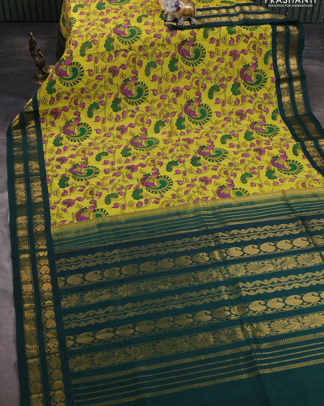 Silk cotton saree lime yellow and dark green with allover kalamakri prints and zari woven korvai border