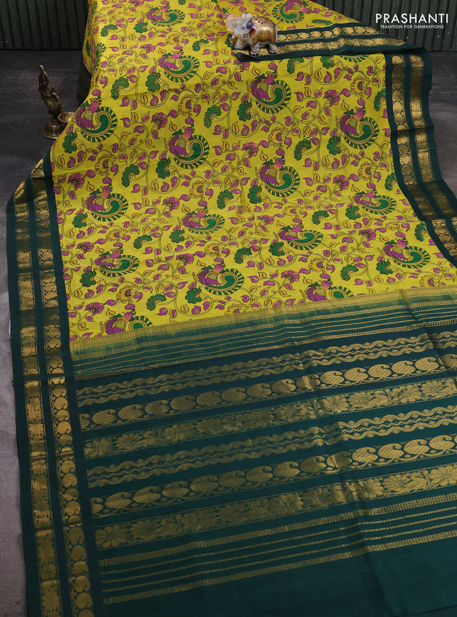 Silk cotton saree lime yellow and dark green with allover kalamakri prints and zari woven korvai border