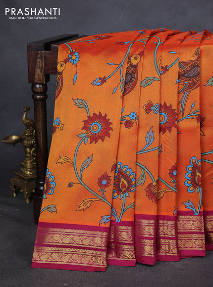 Silk cotton saree orange and pink with allover kalamakri prints and zari woven korvai border