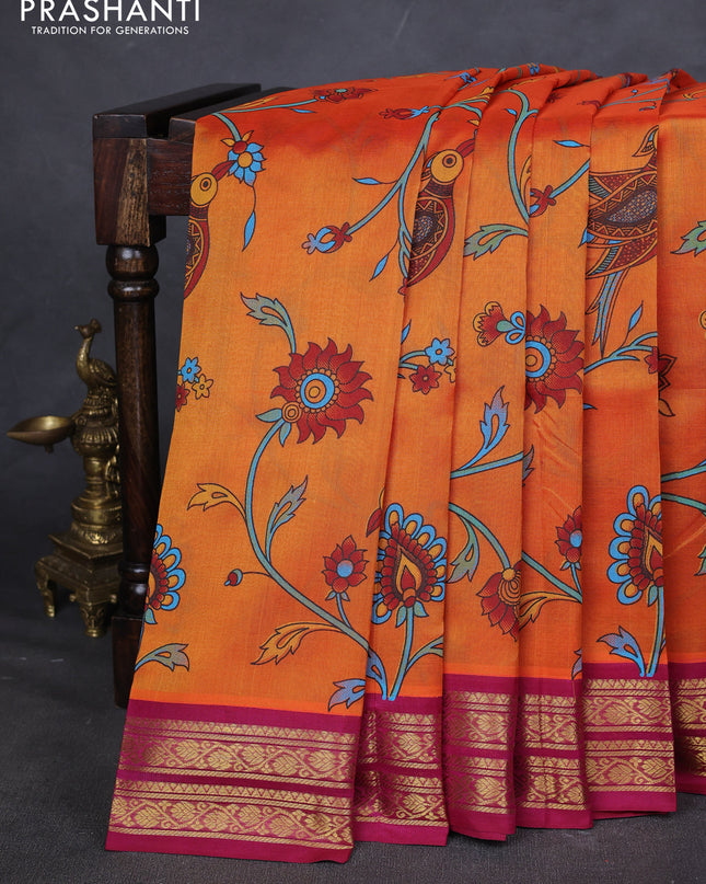 Silk cotton saree orange and pink with allover kalamakri prints and zari woven korvai border