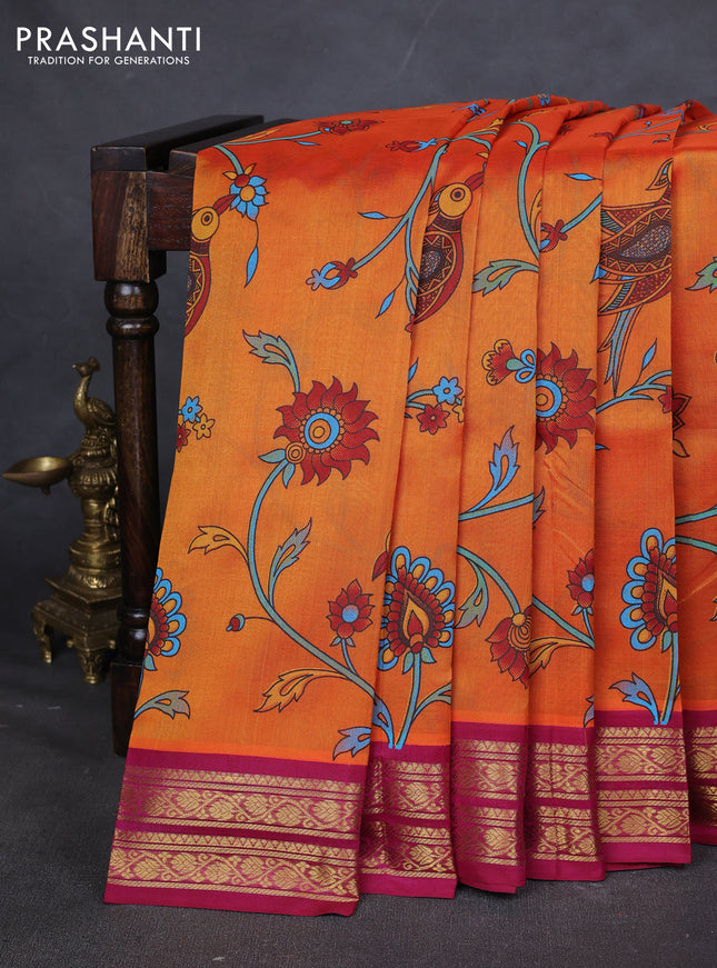 Silk cotton saree orange and pink with allover kalamakri prints and zari woven korvai border