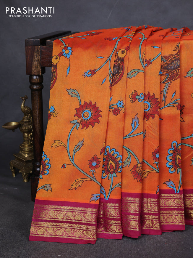Silk cotton saree orange and pink with allover kalamakri prints and zari woven korvai border