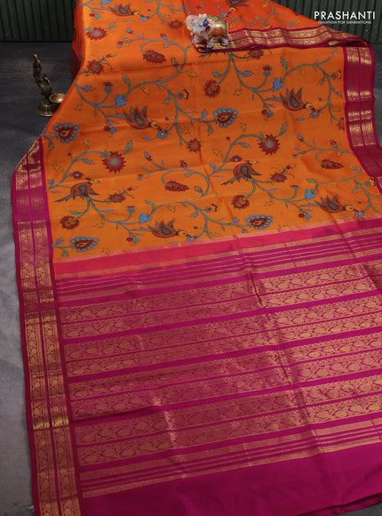 Silk cotton saree orange and pink with allover kalamakri prints and zari woven korvai border