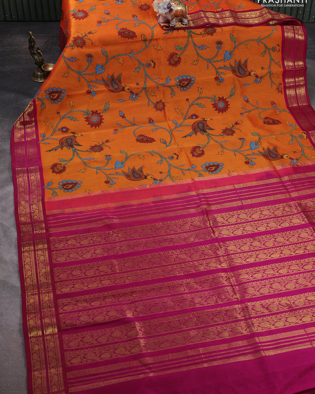 Silk cotton saree orange and pink with allover kalamakri prints and zari woven korvai border