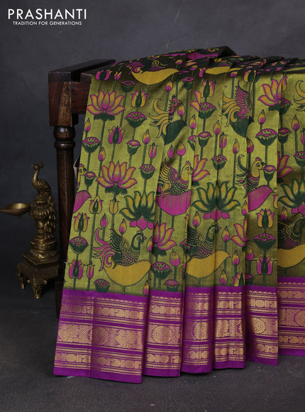 Silk cotton saree mehendi green and purple with allover kalamakri prints and zari woven korvai border