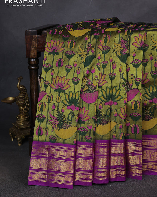 Silk cotton saree mehendi green and purple with allover kalamakri prints and zari woven korvai border