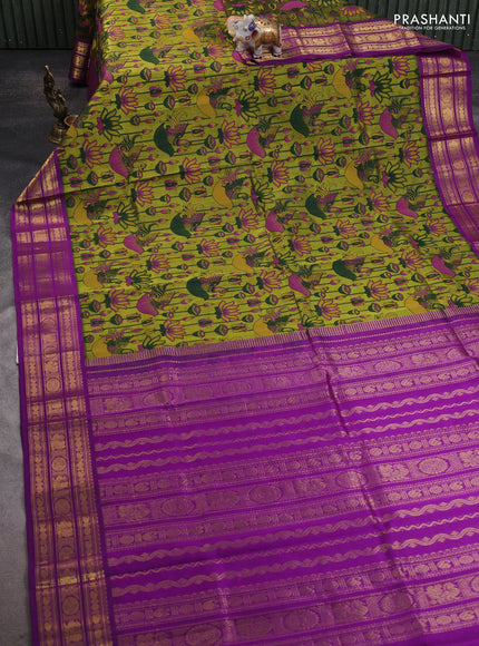 Silk cotton saree mehendi green and purple with allover kalamakri prints and zari woven korvai border