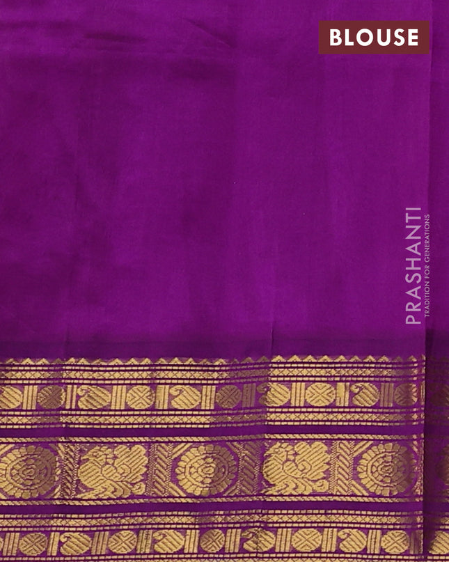 Silk cotton saree mehendi green and purple with allover kalamakri prints and zari woven korvai border