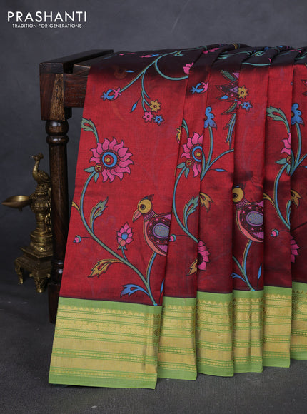 Silk cotton saree maroon and light green with allover kalamakri prints and zari woven korvai border