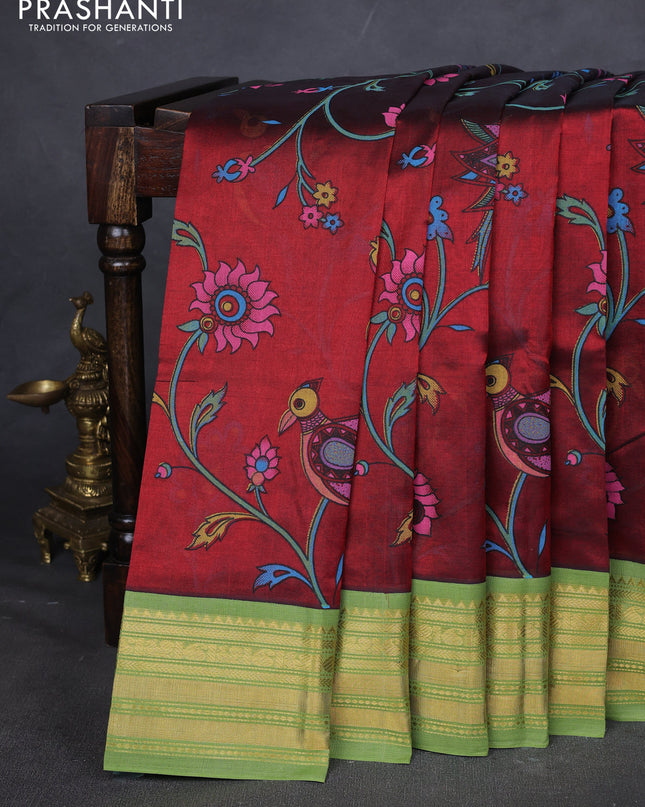 Silk cotton saree maroon and light green with allover kalamakri prints and zari woven korvai border