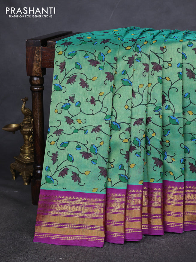 Silk cotton saree teal green and purple with allover kalamakri prints and zari woven korvai border