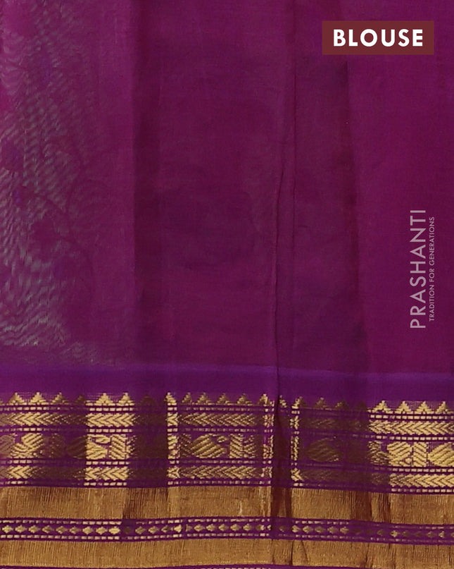 Silk cotton saree teal green and purple with allover kalamakri prints and zari woven korvai border
