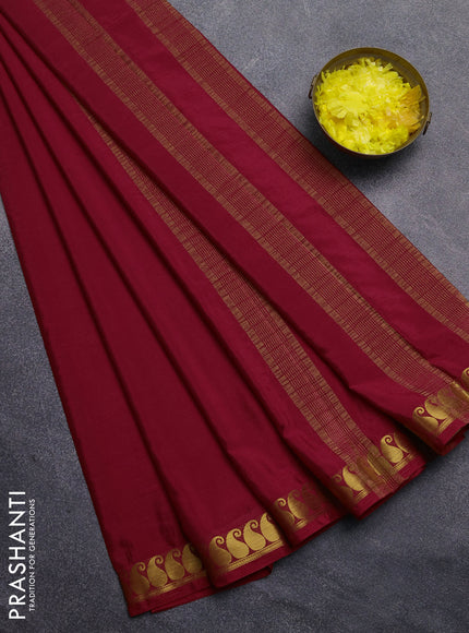 Art mysore silk saree red with plain body with paisley zari woven border