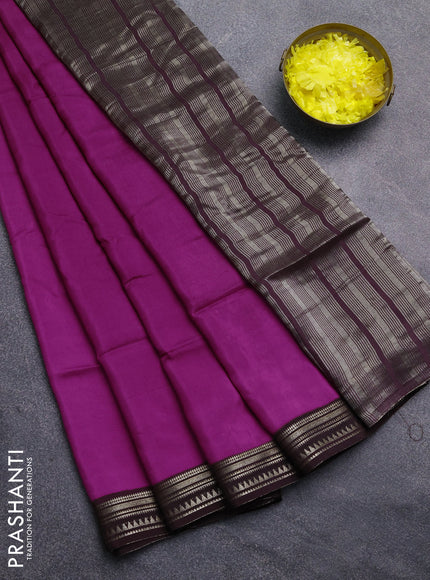 Art mysore silk saree magenta pink and coffee brown with plain body and zari woven border