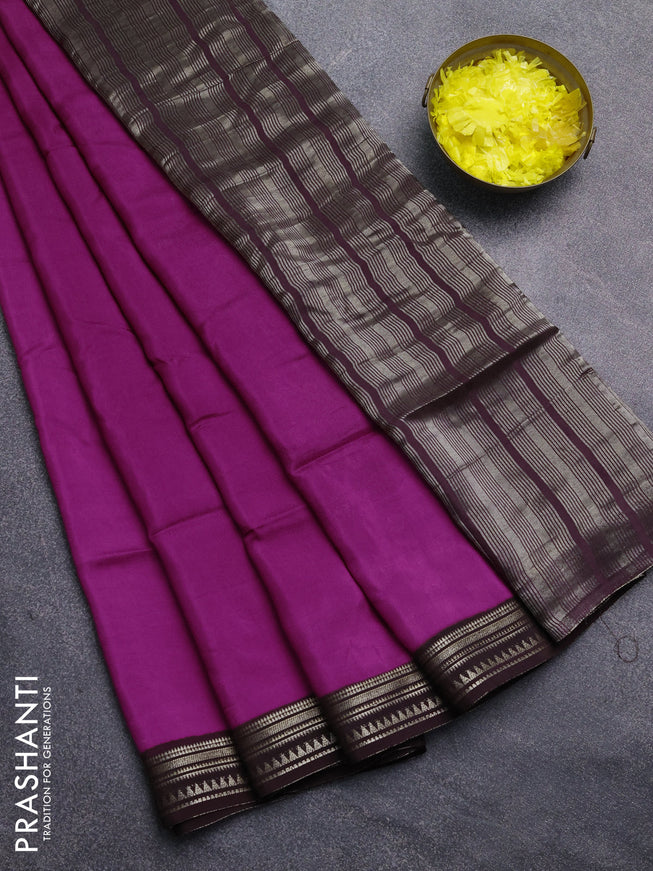Art mysore silk saree magenta pink and coffee brown with plain body and zari woven border