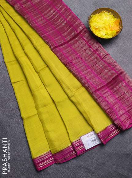 Art mysore silk saree lime yellow and purple with plain body and zari woven border