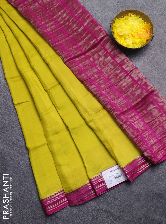 Art mysore silk saree lime yellow and purple with plain body and zari woven border