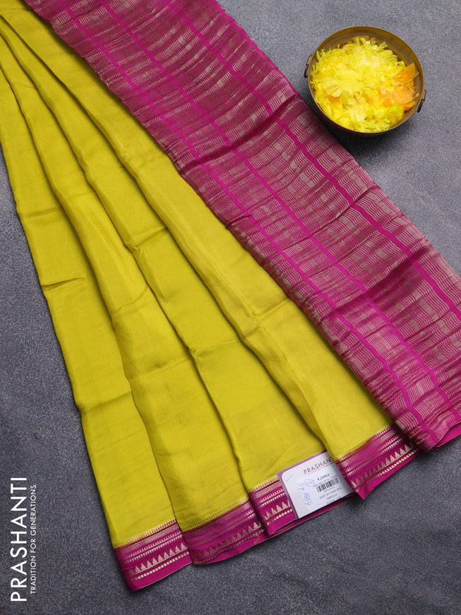 Art mysore silk saree lime yellow and purple with plain body and zari woven border