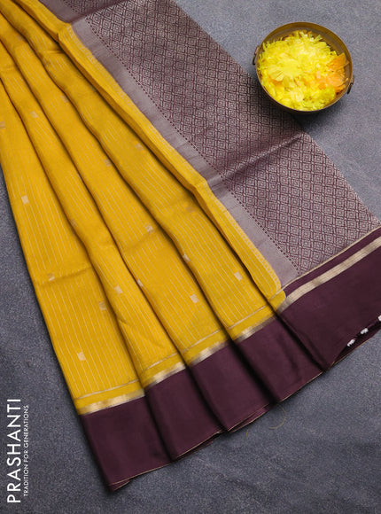 Art mysore silk saree yellow and deep jamun with allover zari stripes pattern and zari woven simple border
