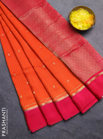 Art mysore silk saree orange and pink with allover zari stripes pattern and zari woven simple border