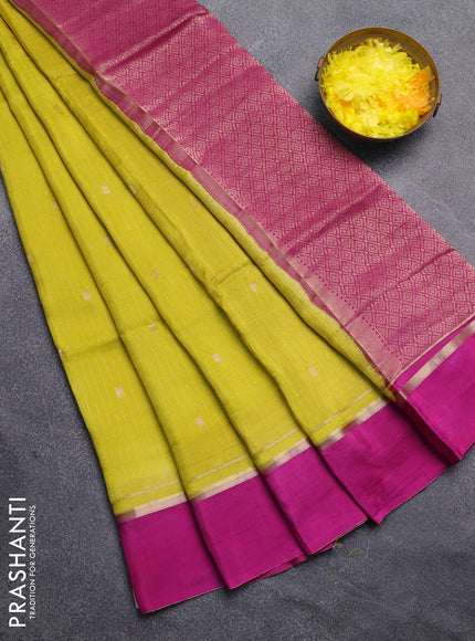 Art mysore silk saree lime yellow and purple with allover zari stripes pattern and zari woven simple border