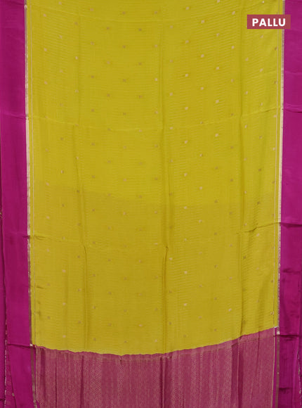 Art mysore silk saree lime yellow and purple with allover zari stripes pattern and zari woven simple border