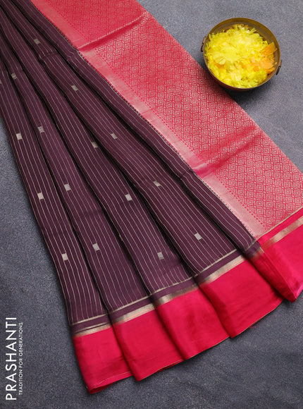 Art mysore silk saree deep jamun and pink with allover zari stripes pattern and zari woven simple border