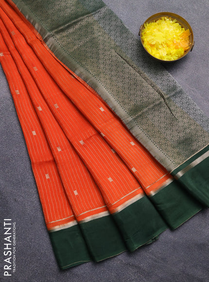 Art mysore silk saree orange and dark green with allover zari stripes pattern and zari woven simple border