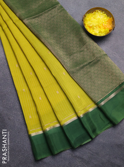 Art mysore silk saree lime yellow and green with allover zari stripes pattern and zari woven simple border