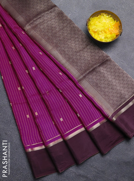 Art mysore silk saree magenta pink and deep jamun with allover zari stripes pattern and zari woven simple border