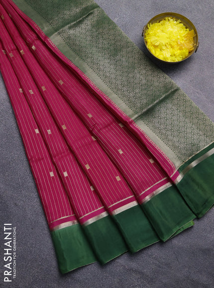 Art mysore silk saree pink and green with allover zari stripes pattern and zari woven simple border