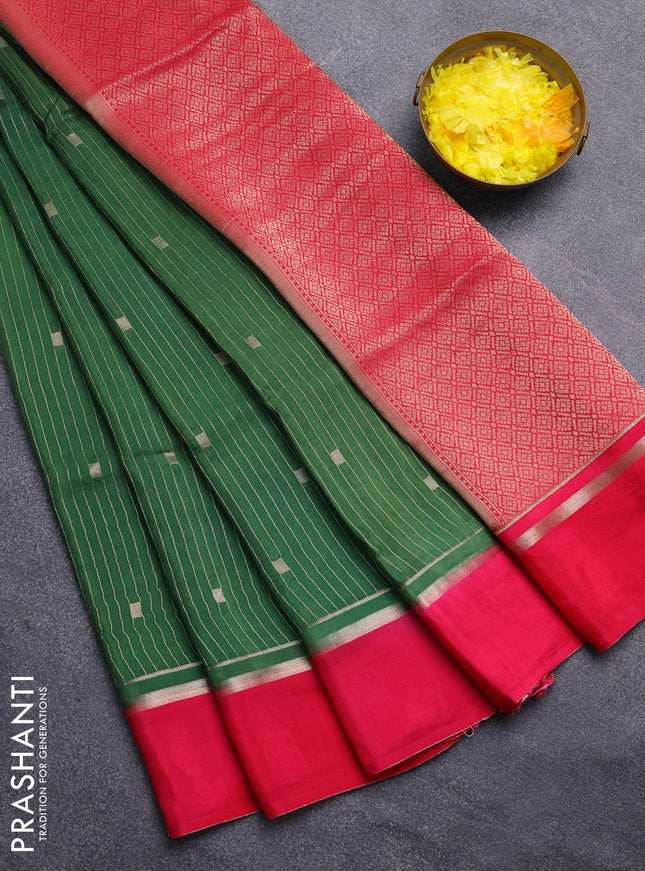 Art mysore silk saree green and pink with allover zari stripes pattern and zari woven simple border