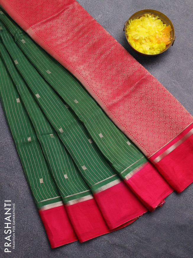 Art mysore silk saree green and pink with allover zari stripes pattern and zari woven simple border