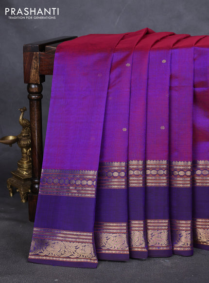 Kanchipuram silk cotton saree dual shade of bluish maroon with zari woven buttas and rettapet zari woven border